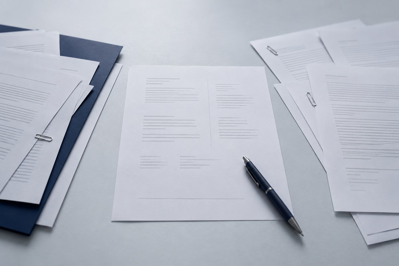 Two sets of correspondence and supporting documents converging around a central summary sheet, representing analysis and structured judgement.