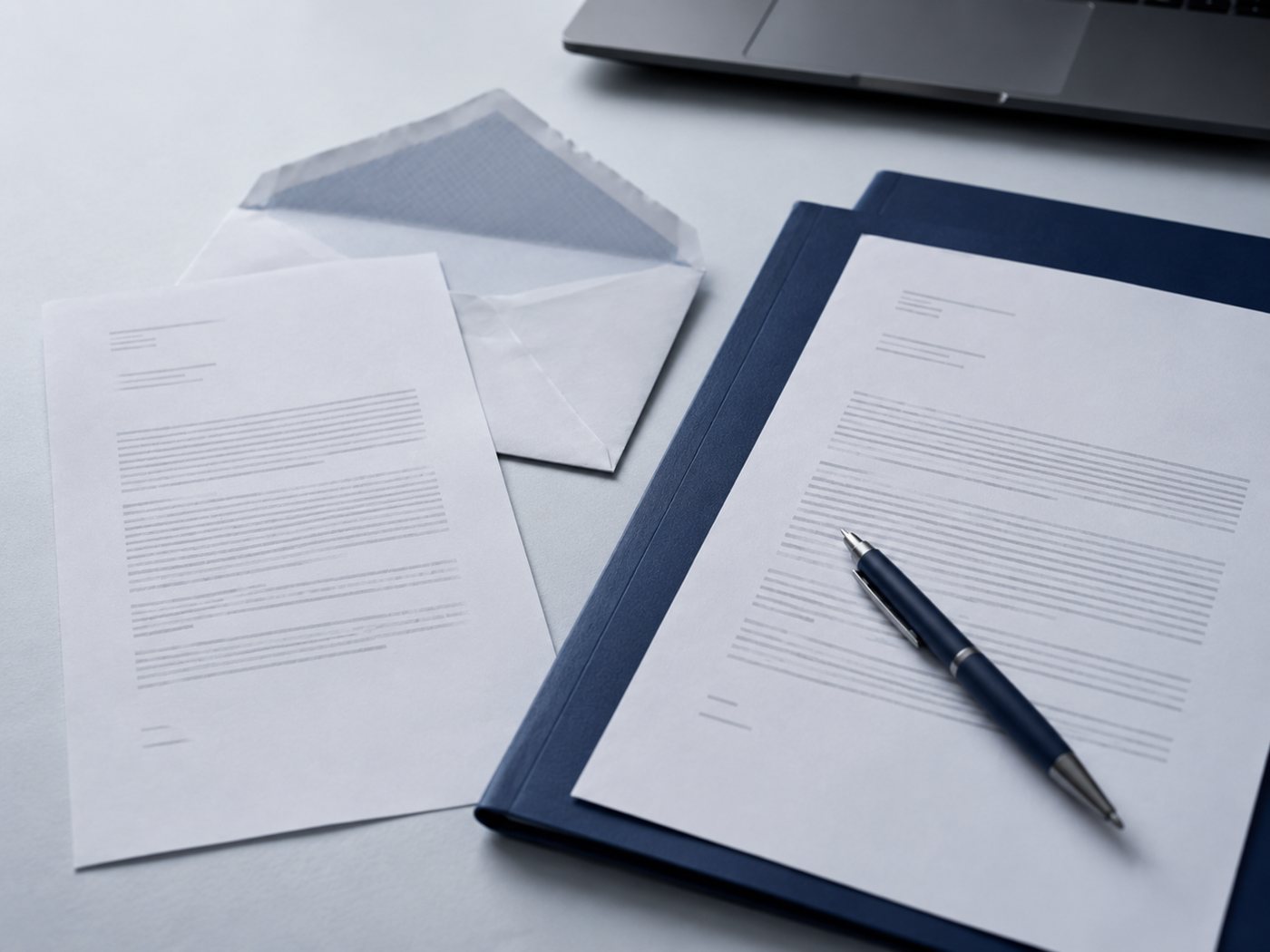 Hands-free view of an unfinished response document beside original correspondence and a laptop, suggesting a pause before replying.