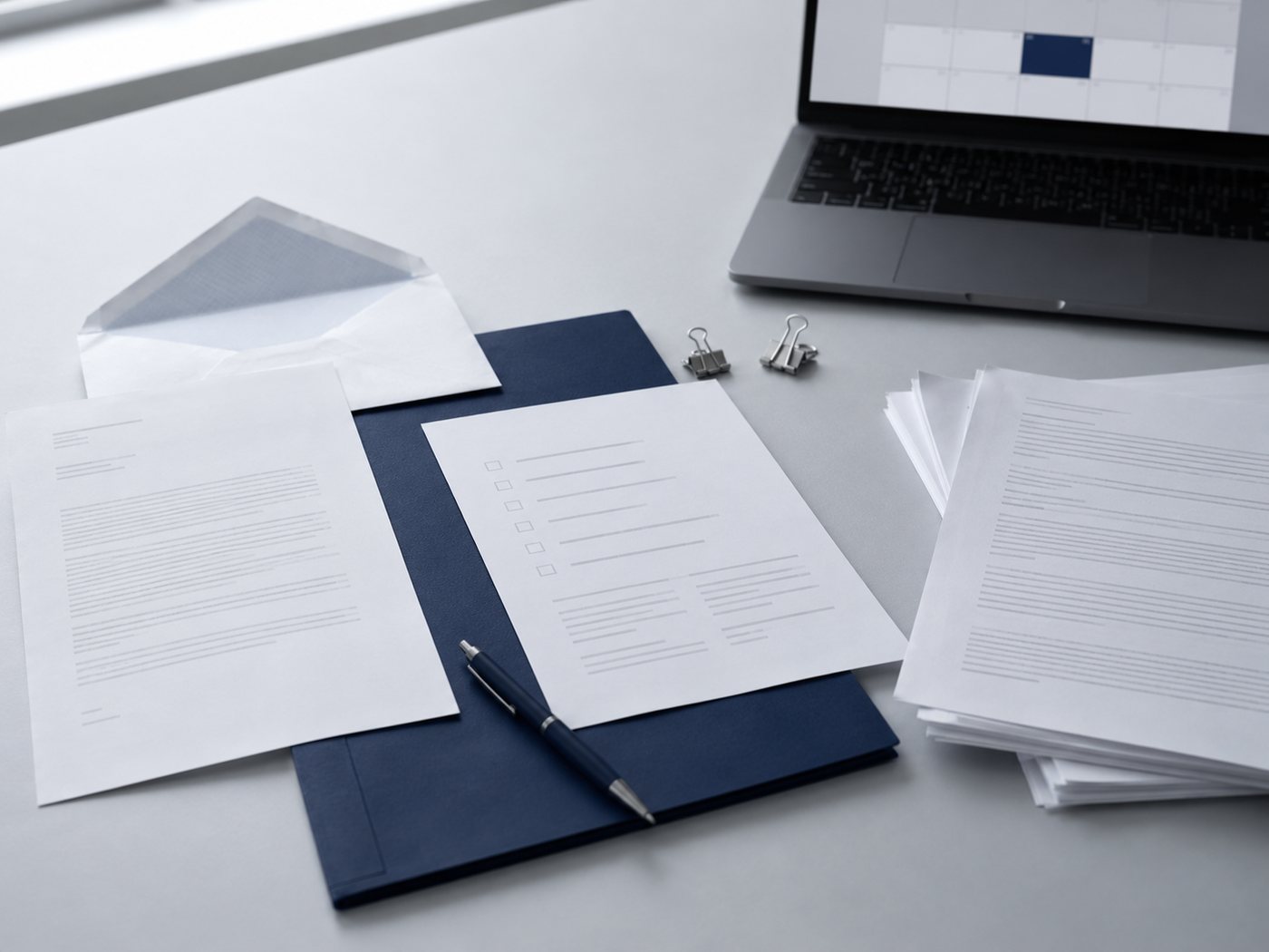 Correspondence, a checklist and supporting documents organised beside a laptop showing a calendar, representing a calmer, controlled next step.